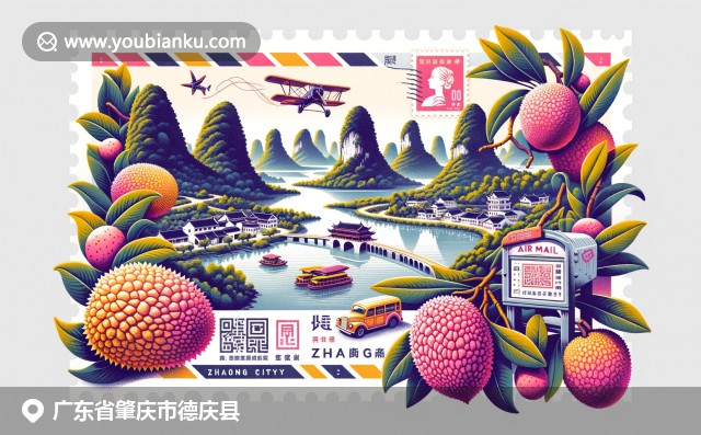 广东德庆独特风貌，融合七星岩美景、荔枝与邮政元素