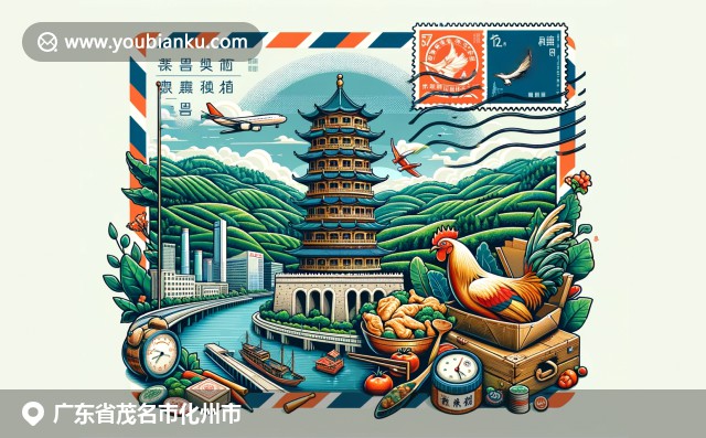 广东茂名化州市文化元素融合：高州塔、南山牧场与白切鸡，邮政主题插图