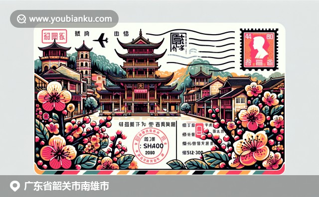 南雄古城与梅花映衬下的中国邮政文化创意设计，展现广东南雄独特魅力