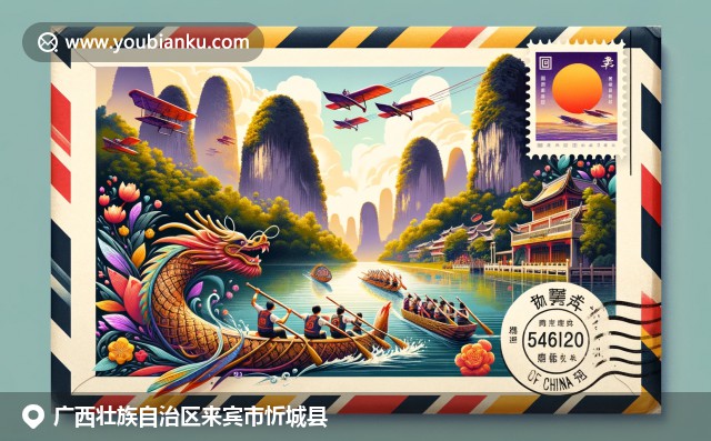 广西忻城县文化元素丰富，展现龙岩石、龙舟赛和竹筒饭，融入邮政邮件元素
