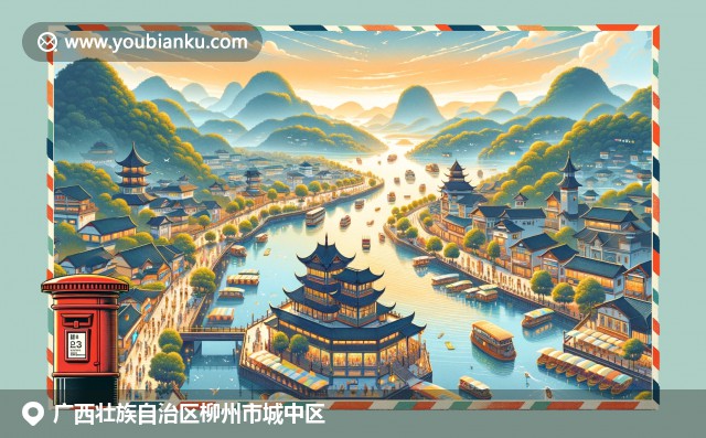 广西柳州市风景与文化描绘，展现柳江河畔自然美景与马鞍山公园景色，柳州螺蛳粉别具特色