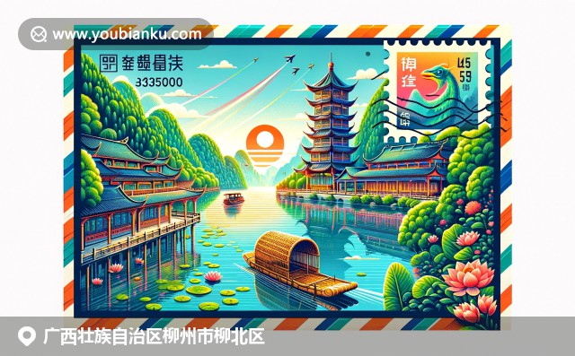 插图展现柳侯公园、螺蛳粉和竹筏在柳江河，结合邮政元素展现柳州文化与美食