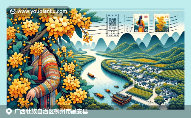 广西柳州融安县独特文化与自然美景：金黄桂花、清澈螺蛳粉河和鲜艳壮族服饰