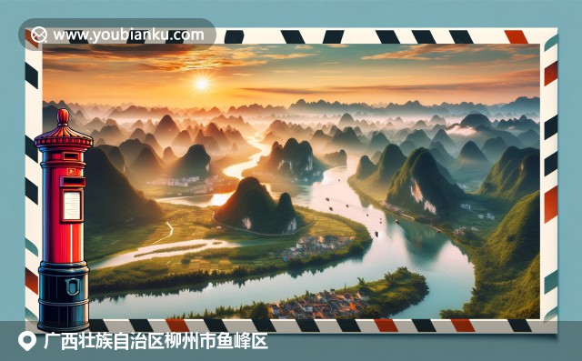 广西柳州鱼峰区风景明信片，展现柳江河风光、喀斯特地貌和螺蛳粉特色
