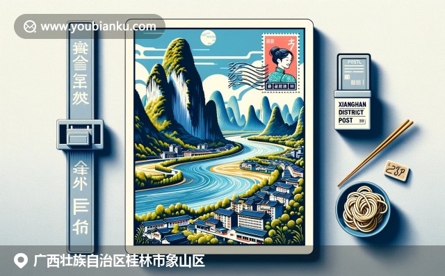 現代插畫展現桂林象山獨特山峰與灕江風光，結合郵政元素