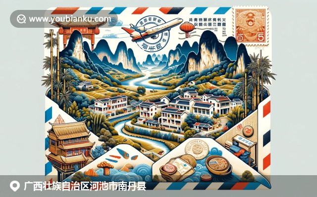 广西南丹县文化景观与航空邮件元素相结合，展示喀斯特地貌与竹制工艺品