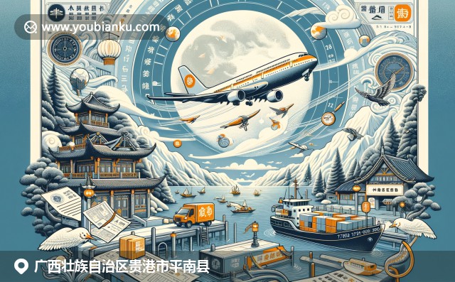 广西平南县文化元素展示，邮政编码537300的航空信封、壮族织锦和瑶族银饰，背景是山水画