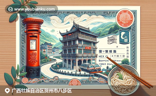 賀州地域特色插畫，黃姚古鎮、碧綠山水和賀州白柚在航空信封上展現