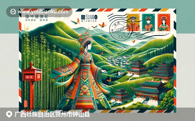 廣西鐘山縣特色描繪：竹海、壯族服飾和六祖寺，郵政元素融入明信片