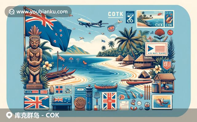 库克群岛风光与波利尼西亚文化融合，展现南太平洋特色，航空邮政元素彰显地域特征