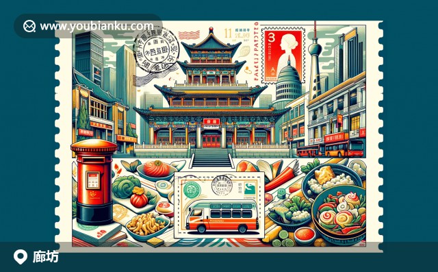 廊坊传统文化与中国邮政元素的融合，展现胜芳花灯和香河肉饼，邮票描绘标志性景观