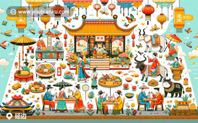 延边朝鲜族自治州的美食与传统文化融合，展示玉米温面、米肠和舞蹈元素，搭配航空邮件信封