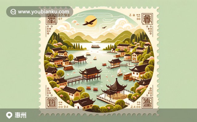 現代插畫風格展示惠州文化特色：湖光山色、羅浮山風光和客家圍屋，融入郵政元素