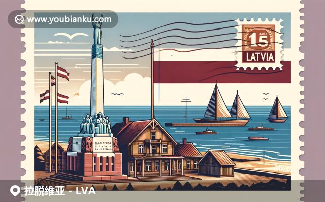 现代插画风格展现拉脱维亚地域特色与邮政元素，融合国旗、自由女神像、传统建筑与海岸线