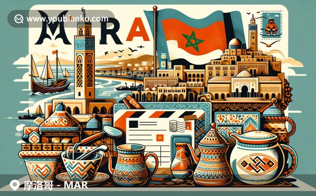 摩洛哥地域和邮政特色的创意融合，展示国旗、清真寺和撒哈拉沙漠，传统陶器茶具与邮筒邮差