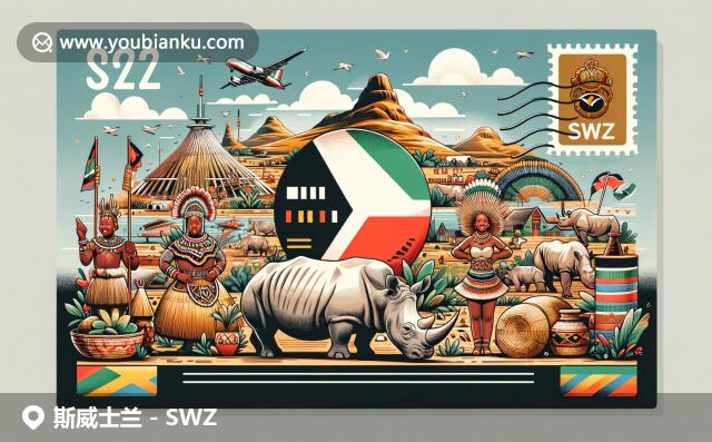 斯威士兰特色明信片设计，融合国旗、舞蹈、自然保护区、犀牛和传统手工艺品