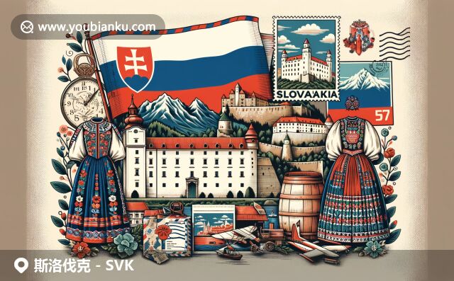 斯洛伐克地域特色与邮政文化融合，展示国旗、城堡、山脉及民俗艺术元素