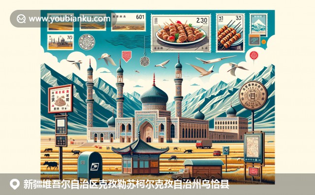 新疆壯麗景色與維吾爾族傳統手工藝，融入郵政文化元素的明信片風格插圖