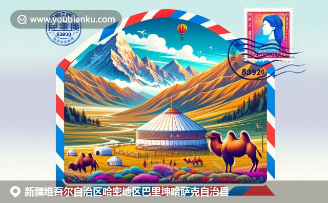 新疆自然和文化的完美融合，展现天山山脉壮丽风光、哈萨克毡房和双峰骆驼，融入航空邮件信封