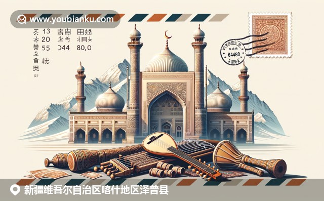新疆澤普縣伊德卡清真寺與帕米爾高原風光，杜塔爾與拉瓦普樂器融入航空郵件設計