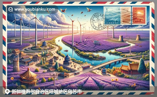 新疆乌苏市邮政元素与地域特色的结合，展现伊犁河景观、薰衣草田和风力涡轮机