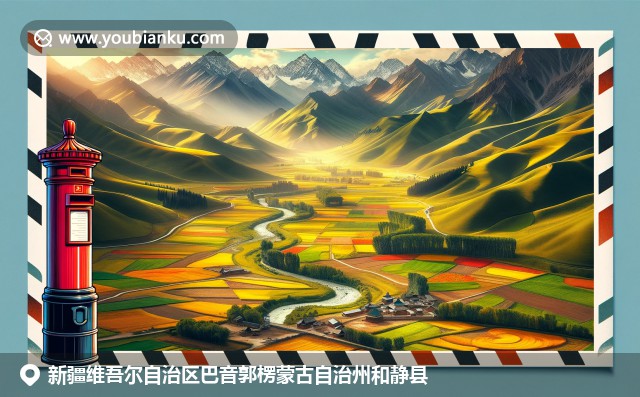 新疆和静县天山景观、棉花田与维吾尔族服饰的现代表现