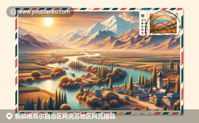 新疆阿克苏阿瓦提县独特风貌，沙漠绿洲和葡萄园相融，邮政元素巧妙融入明信片背景