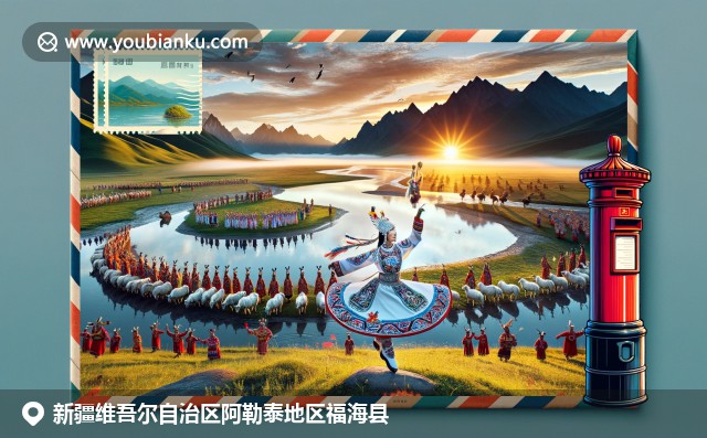 新疆福海县维吾尔族舞者与自然景观融合，航空邮件元素点缀