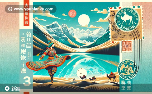 新疆自然美景与丰富文化的完美融合，描绘天山天池和传统维吾尔族舞者，背景是壮丽的天山山脉