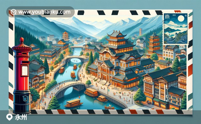 永州地方特色与邮政元素融合，描绘零陵古城、东安鸡与传统酿菜，展现湘江风光与中国风邮票