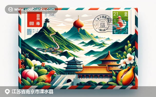 南京溧水区自然、历史与美食的融合，紫金山、栖霞寺和盐水鸭在航空邮件信封中交相辉映