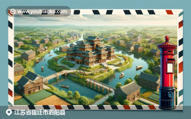 江苏泗阳县邮政文化插图：古建筑、水稻田景与中国风邮政元素相伴