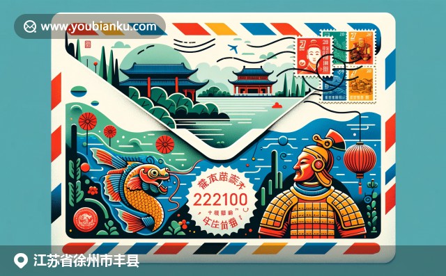 现代风格描绘的江苏徐州丰县邮政主题，航空邮件信封装饰有中国邮票和邮政编码，背景展现云龙湖、汉代兵马俑和糖醋鲤鱼