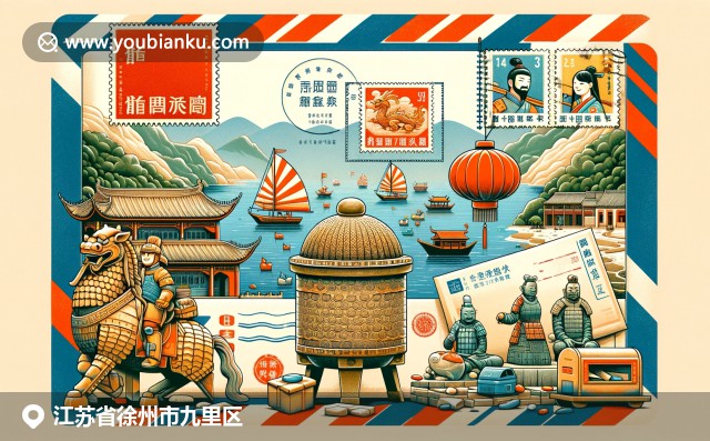 现代插画融合了江苏九里区的云龙湖风光、汉文化建筑和沛县狗肉美食