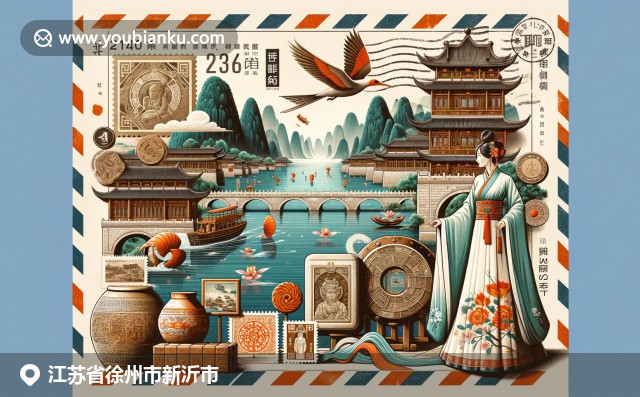新沂市历史与自然交融，展示汉代文物、云龙湖景色和传统汉服，融入邮政元素