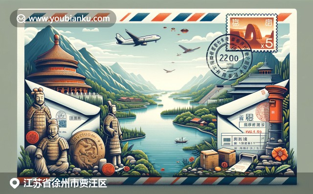 徐州深厚歷史與郵政傳統相結合，展現雲龍湖、兵馬俑和烤排骨，傳達城市文化與美食誘惑