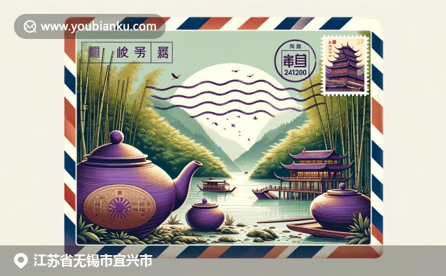 宜興紫砂壺、竹海景觀和中國郵政元素的融合插圖，展現現代藝術表現手法和文化特色