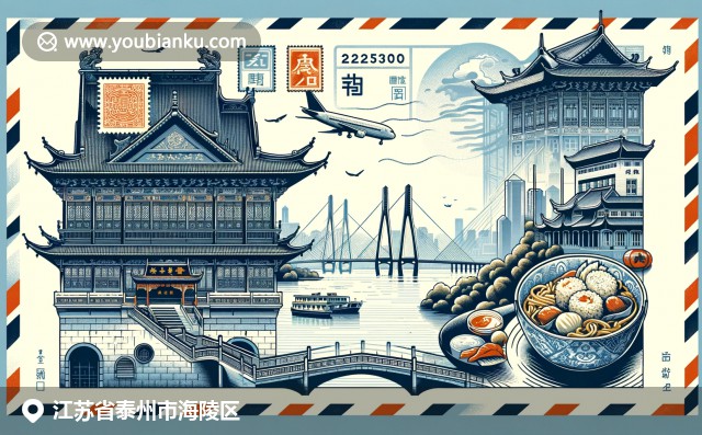 泰州市海陵區的文化遺產和現代發展完美融合：廣孝寺的傳統建築、長江大橋的工程壯麗、揚州炒飯的誘人美食與航空郵件元素