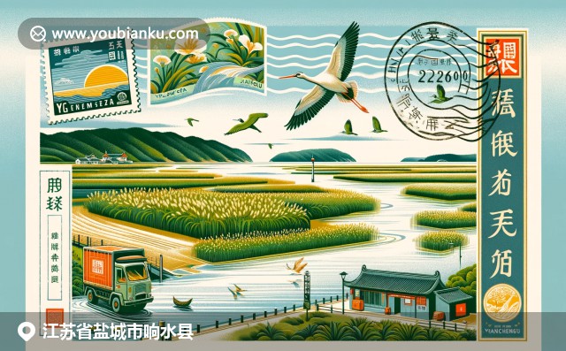 江苏盐城独特风貌：黄海沿岸海滩、绿色湿地与中国邮政元素的融合