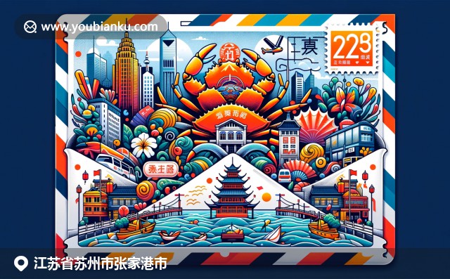 张家港市文化与风貌的现代诠释，展示大闸蟹与传统中国牌楼，融入航空邮件元素