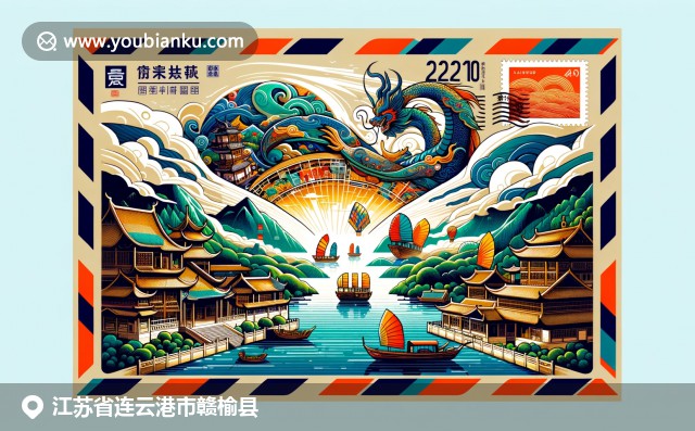 江苏赣榆县，展现花果山、海鲜美食与渔船，融入邮政元素