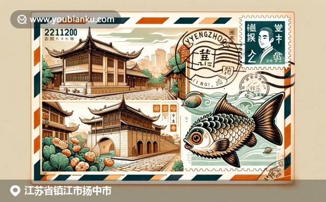 揚中市文化與自然美的巧妙融合：古街風光、河豚魚和三毛紀念館在郵件信封中展現