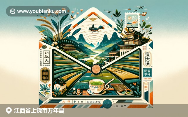 江西万年县自然与文化特色展现：三清山、梯田和绿茶元素交织，融入邮政编码和邮票设计