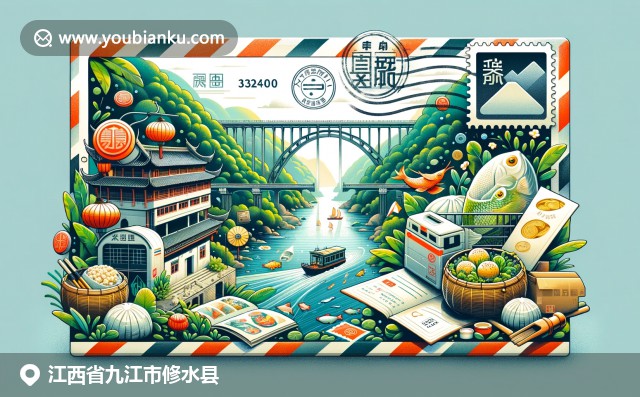 江西修水县特色邮政主题插图，展现历史建筑与绿色植被，特色美食与邮政元素