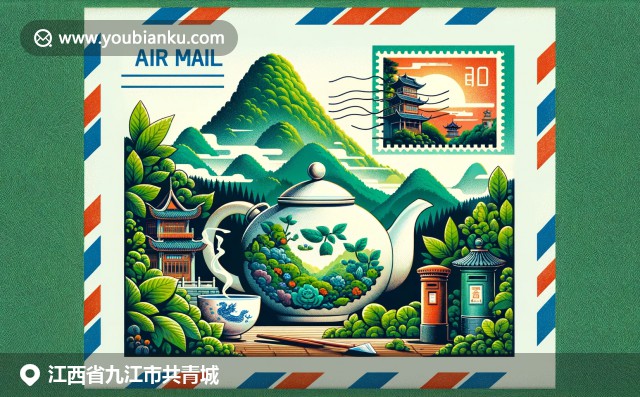 江西共青城，庐山美景与茶文化相融，航空邮件信封传递自然与文化传统