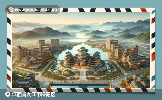 江西九江市浔阳区自然与文化融合，展现庐山、鄱阳湖和浔阳楼美景，融入中国邮政元素