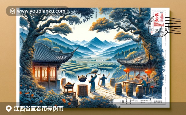 江西樟树市现代插画展现井冈山美景与中国传统茶文化，融入邮政元素