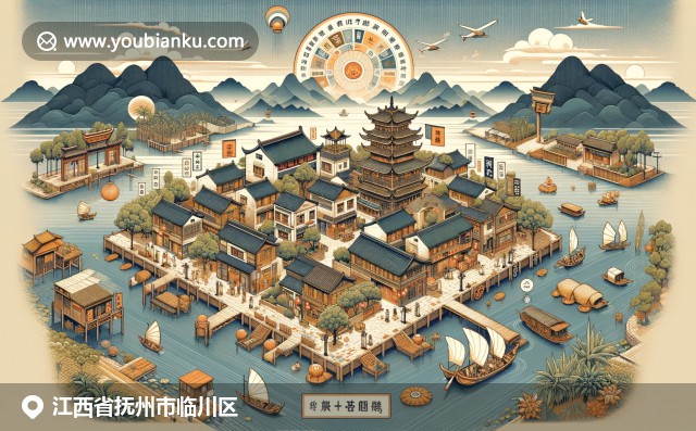 江西抚州临川区的文化特色展示：古城墙、抚州荷包蛋和茶园风光，融合中国邮政元素
