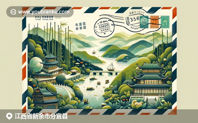 江西分宜县独特文化与地理特色，竹林、长江和茶叶的美景，融入航空邮件元素