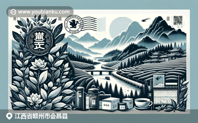 現代插畫展現贛州會昌縣自然美景與豐富文化，結合山水景觀、美食和古建築